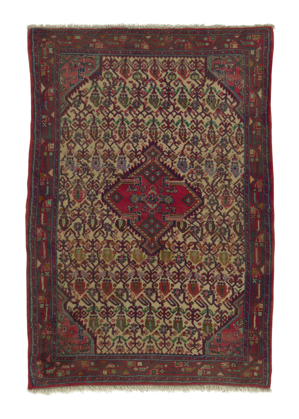 12056 Persian Rug Hamadan Handmade Area Tribal 3'6'' x 5'1'' -4x5- Red Whites Beige Geometric Paisley Boteh Design