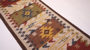 Oriental Rug Indian Handmade Runner Transitional Tribal 2'6"x12'0" (3x12) Whites/Beige Multi-color Dhurrie Geometric Design #32686