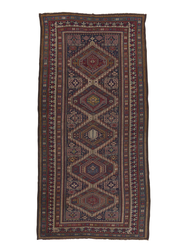21507 Caucasian Rug Shirvan Handmade Area Runner Antique Tribal 4'8'' x 10'0'' -5x10- Multi-color Red Geometric Design