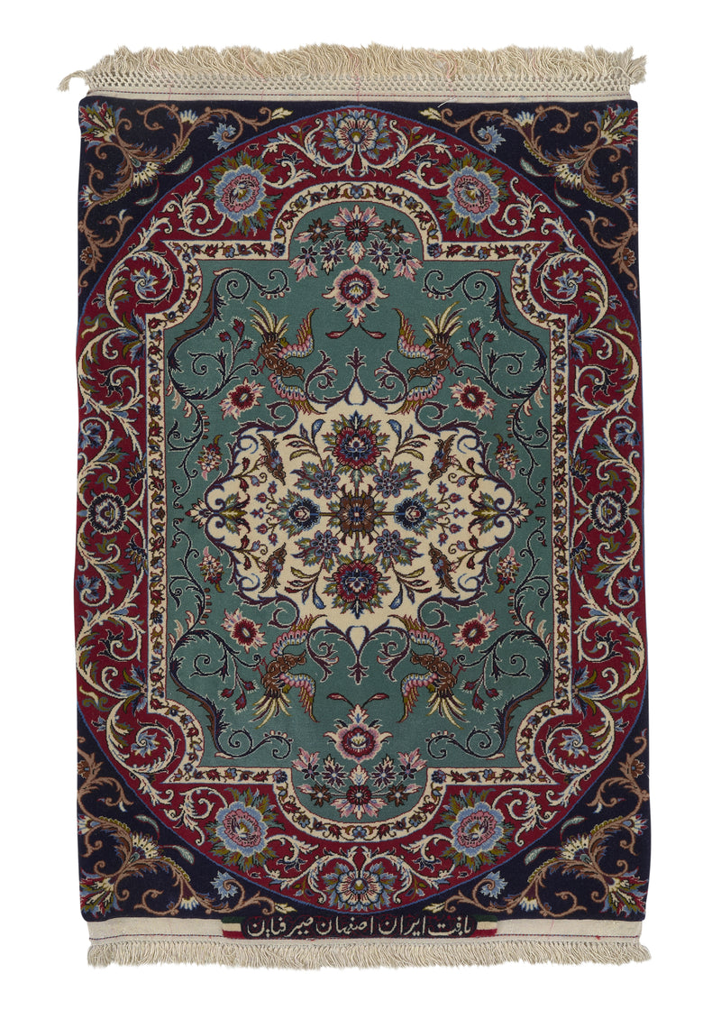 25162 Persian Rug Isfahan Handmade Area Traditional 2'5'' x 3'6'' -2x4- Green Red Floral Animals Design