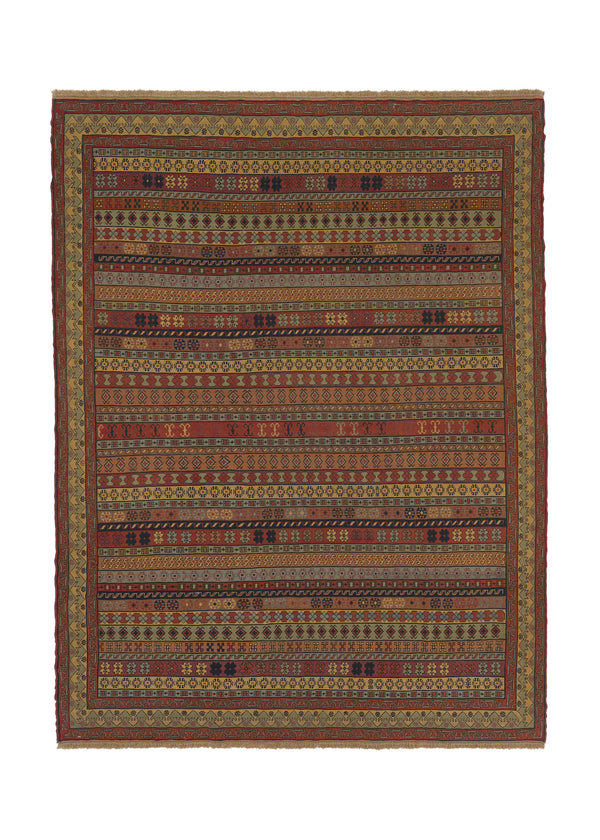 28106 Persian Rug Sirjan Handmade Area Tribal 8'4'' x 11'0'' -8x11- Multi-color Yellow Gold Geometric Kilim Design