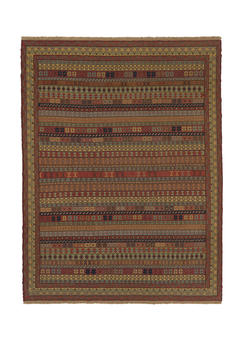 28106 Persian Rug Sirjan Handmade Area Tribal 8'4'' x 11'0'' -8x11- Multi-color Yellow Gold Geometric Kilim Design