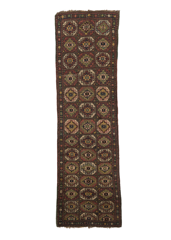 28628 Caucasian Rug Moghan Handmade Runner Antique Tribal 3'3'' x 10'0'' -3x10- Red Green Panel Design