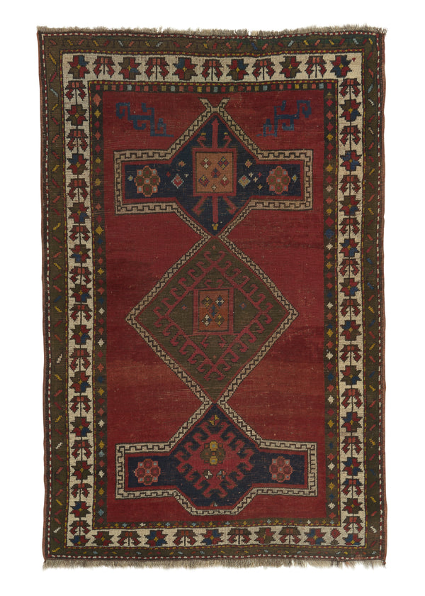 30241 Caucasian Rug Kazak Handmade Area Tribal Vintage 3'7'' x 5'8'' -4x6- Red Green Geometric Design