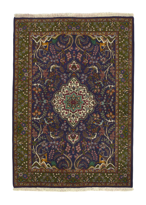 31027 Persian Rug Tabriz Handmade Area Traditional 3'5'' x 4'9'' -3x5- Blue Green Floral Animals Design