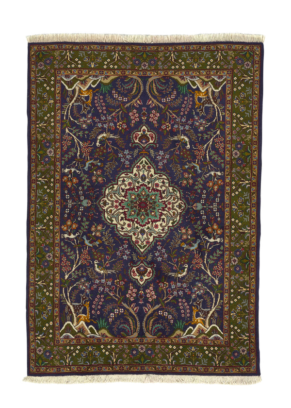 31028 Persian Rug Tabriz Handmade Area Traditional 3'5'' x 4'9'' -3x5- Green Blue Floral Animals Design