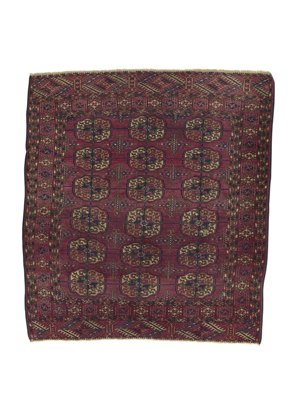 32163 Persian Rug Turkmen Handmade Area Antique Tribal 3'9'' x 4'3'' -4x4- Red Bokhara Design
