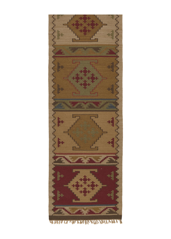 32683 Oriental Rug Indian Handmade Runner Tribal 2'6'' x 12'0'' -3x12- Whites Beige Dhurrie Geometric Design