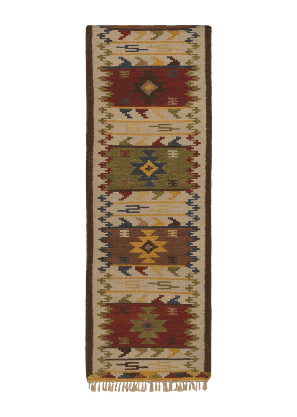 32686 Oriental Rug Indian Handmade Runner Transitional Tribal 2'6'' x 12'0'' -3x12- Whites Beige Multi-color Dhurrie Geometric Design