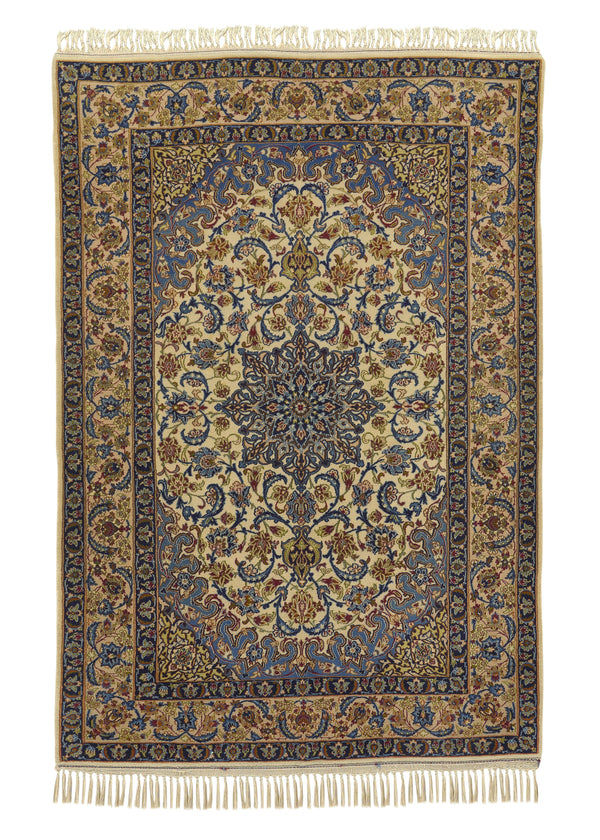 33433 Persian Rug Isfahan Handmade Area Traditional 3'6'' x 5'3'' -4x5- Whites Beige Blue Floral Design
