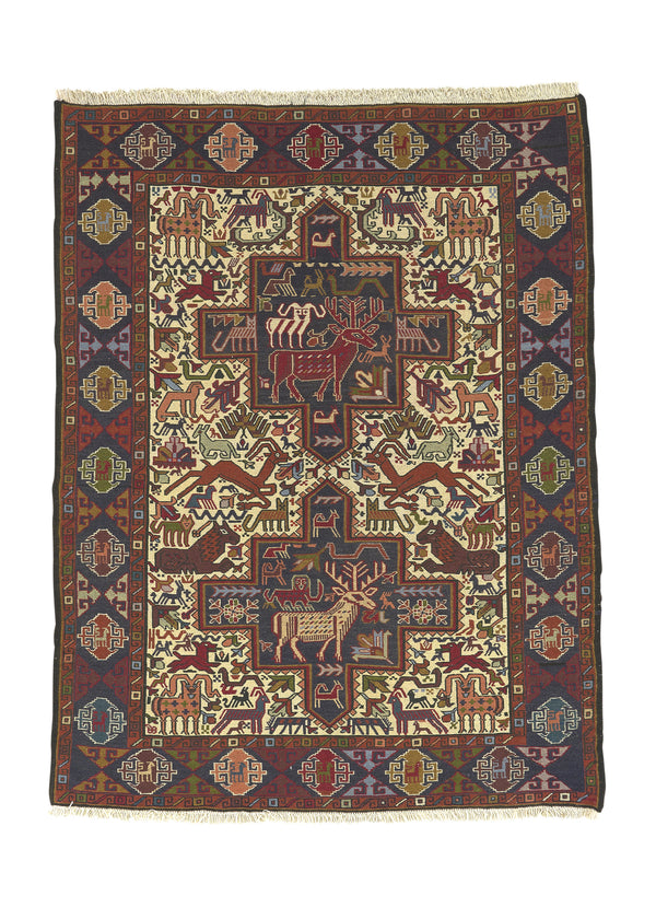 33631 Persian Rug Zanjan Handmade Area Tribal 3'8'' x 4'8'' -4x5- Brown Whites Beige Unusual Animals Design