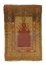 33918 Oriental Rug Turkish Handmade Area Antique Tribal 3'5'' x 4'10'' -3x5- Yellow Gold Red Prayer Rug Design
