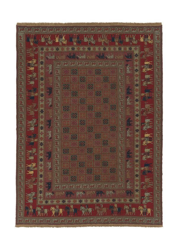 34010 Persian Rug Sirjan Handmade Area Tribal 9'6'' x 13'2'' -10x13- Red Blue Kilim Historical Pictorial Design