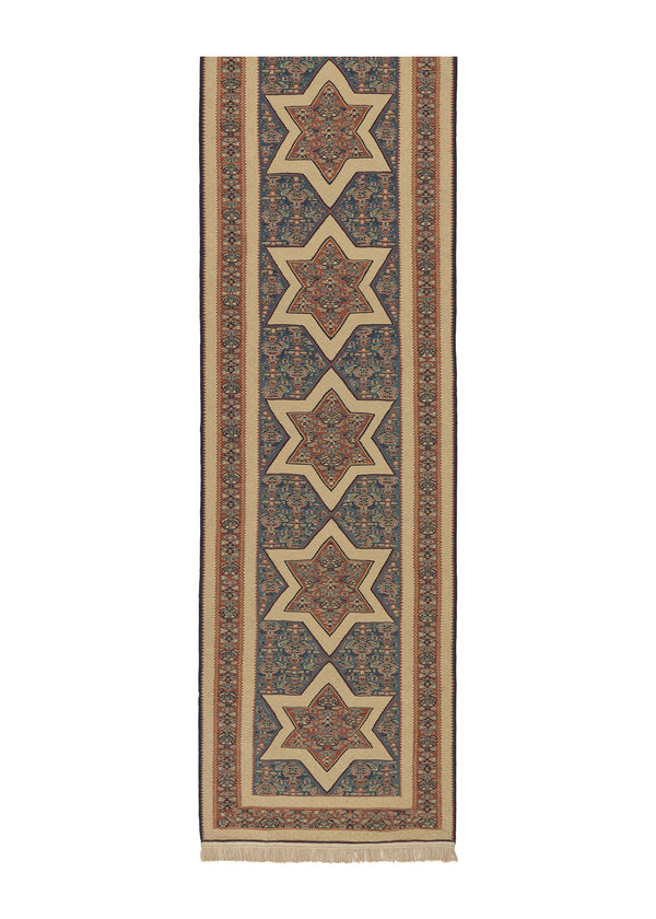 34015 Persian Rug Sirjan Handmade Runner Tribal 2'8'' x 13'10'' -3x14- Whites Beige Blue Kilim Geometric Design