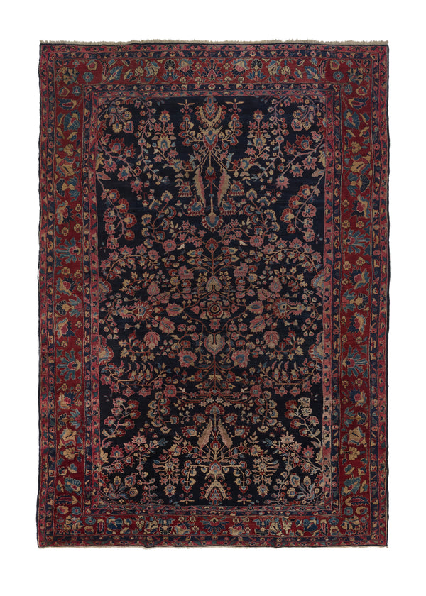 34336 Persian Rug Sarouk Handmade Area Antique Traditional 7'8'' x 11'3'' -8x11- Blue Red Floral Design