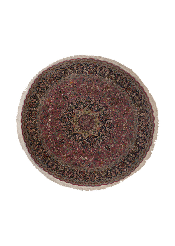 35926 Persian Rug Tabriz Handmade Round Traditional 7'9'' x 8'0'' -8x8- Pink Black Naghsh Animals Floral Design