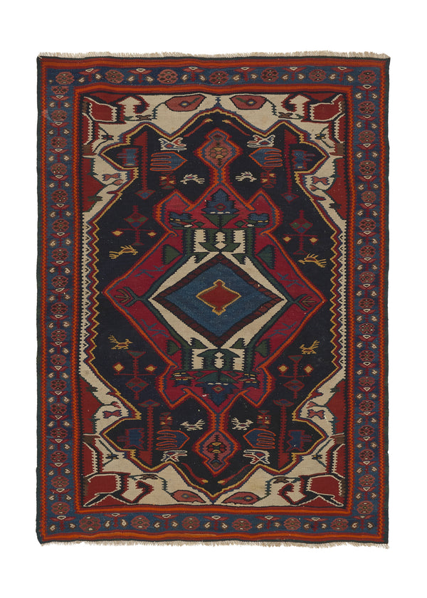 35954 Persian Rug Kurdistan Handmade Area Tribal 3'7'' x 5'1'' -4x5- Red Blue Kilim Geometric Design