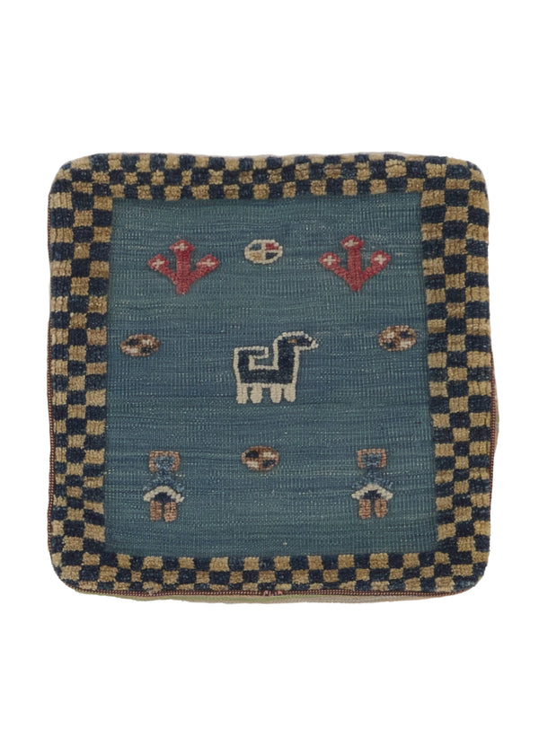 35964 Persian Rug Gabbeh Handmade Pillow Tribal 1'5'' x 1'5'' -1x1- Blue Animals Open Design