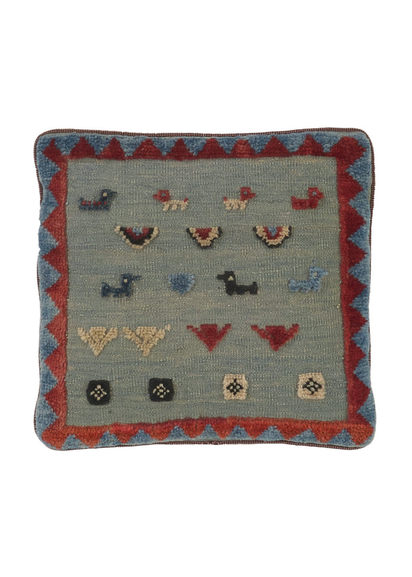 35966 Persian Rug Gabbeh Handmade Pillow Tribal 1'5'' x 1'5'' -1x1- Blue Animals Open Design