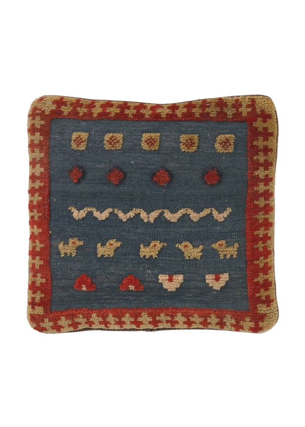 35967 Persian Rug Gabbeh Handmade Pillow Tribal 1'5'' x 1'5'' -1x1- Blue Animals Open Design