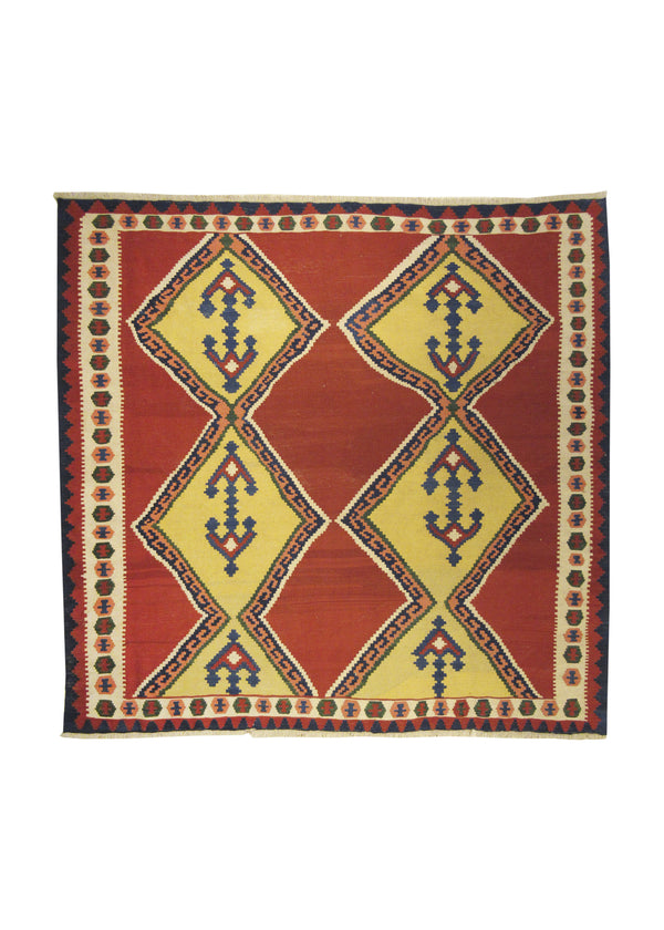 A11194 Persian Rug Shiraz Handmade Square Tribal 6'6'' x 6'9'' -7x7- Red Yellow Gold Multi-color Kilim Geometric Design