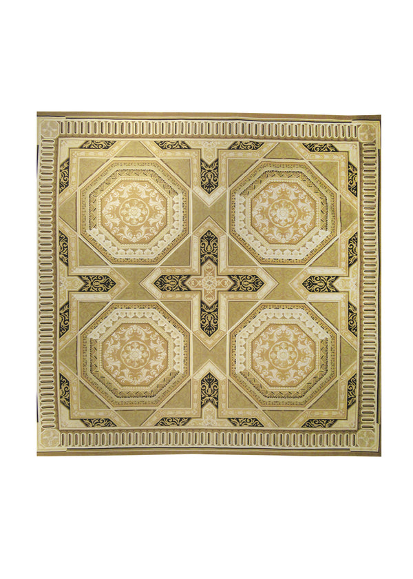 A13076 Oriental Rug Chinese Handmade Square Traditional 10'0'' x 10'0'' -10x10- Yellow Gold Brown Aubusson Geometric Design