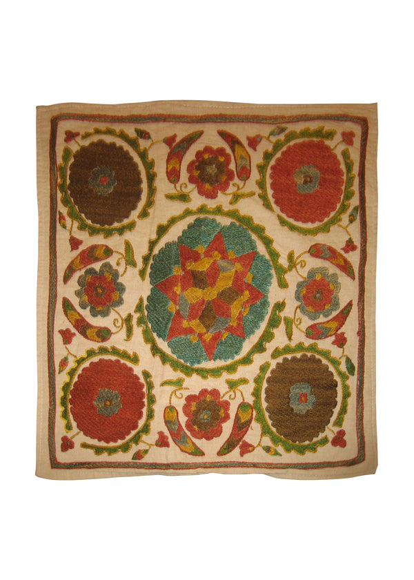 A15771 Oriental Rug Uzbek Handmade Pillow Tribal 1'4'' x 1'4'' -1x1- Multi-color Whites Beige Floral Design