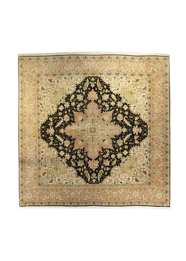 A15838 Persian Rug Tabriz Handmade Square Traditional 6'7'' x 6'7'' -7x7- Black Pink Whites Beige Geometric Heriz Design