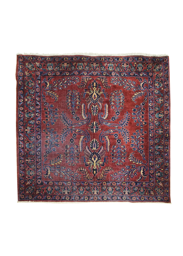 A16186 Persian Rug Sarouk Handmade Square Traditional Antique 4'2'' x 4'5'' -4x4- Red Blue Floral Design