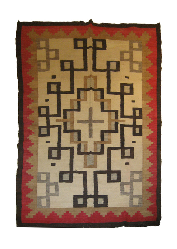 A17897 Native American Rug Navajo Handmade Area Tribal Antique 4'2'' x 6'8'' -4x7- Whites Beige Red Geometric Design
