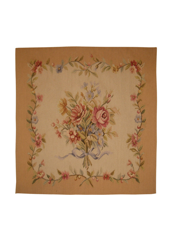 A17906 Oriental Rug Chinese Handmade Pillow Traditional 1'8'' x 1'8'' -2x2- Whites Beige Aubusson Floral Design