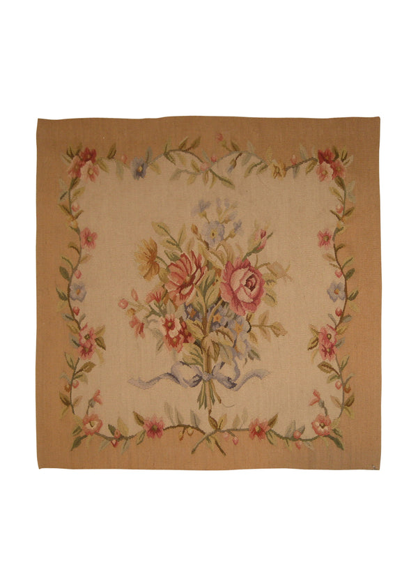 A17912 Oriental Rug Chinese Handmade Pillow Traditional 1'8'' x 1'8'' -2x2- Whites Beige Aubusson Floral Design