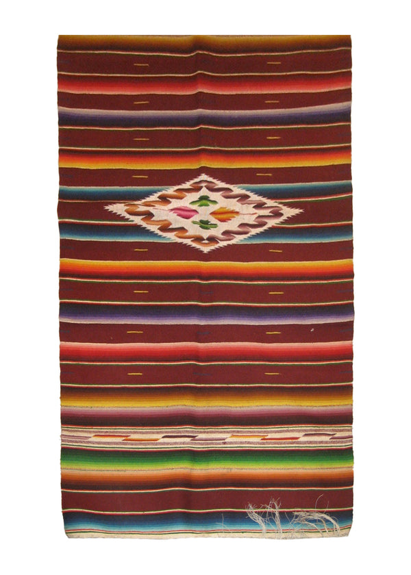 A18203 Native American Rug Mexico Handmade Area Tribal 1'10'' x 3'9'' -2x4- Multi-color Red Geometric Design