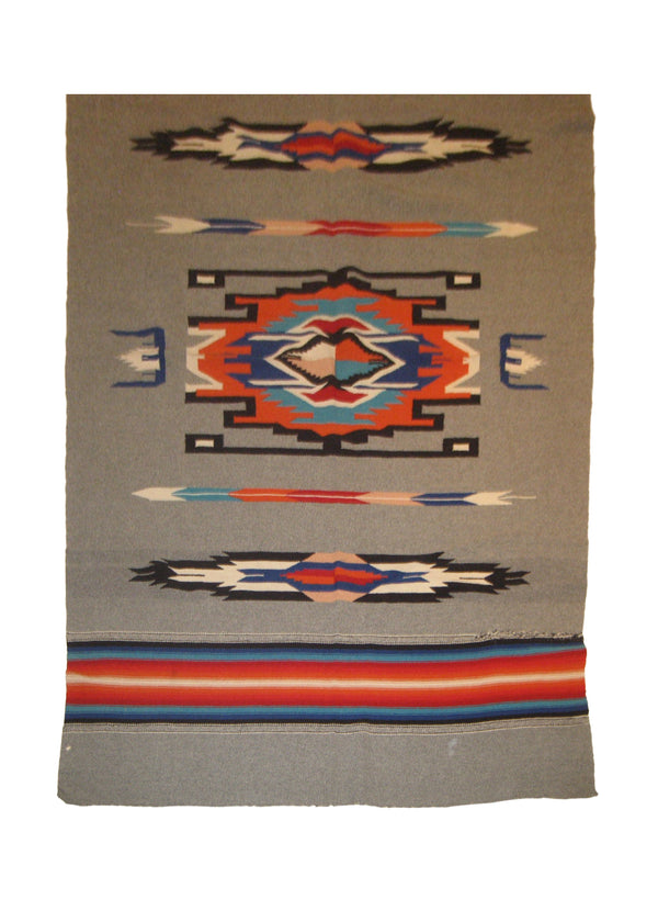A18205 Native American Rug Mexico Handmade Area Tribal 4'1'' x 7'6'' -4x8- Gray Orange Blue Geometric Design