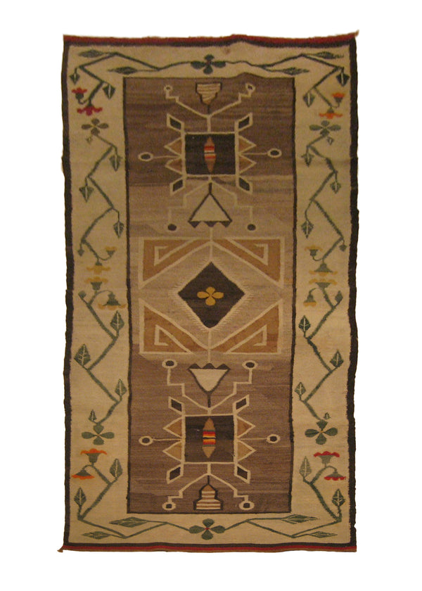 A18734 Native American Rug Navajo Handmade Runner Tribal Antique 2'2'' x 6'7'' -2x7- Brown Whites Beige Green Storm Geometric Design