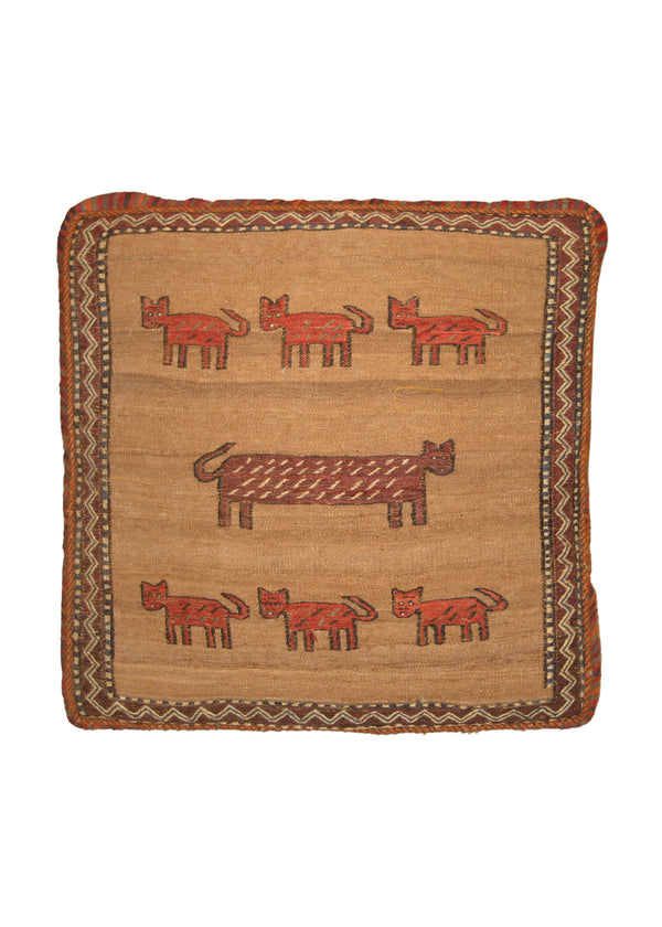 A19206 Persian Rug Shiraz Handmade Pillow Tribal 1'10'' x 1'10'' -2x2- Whites Beige Brown Red Kilim Cushion Geometric Design