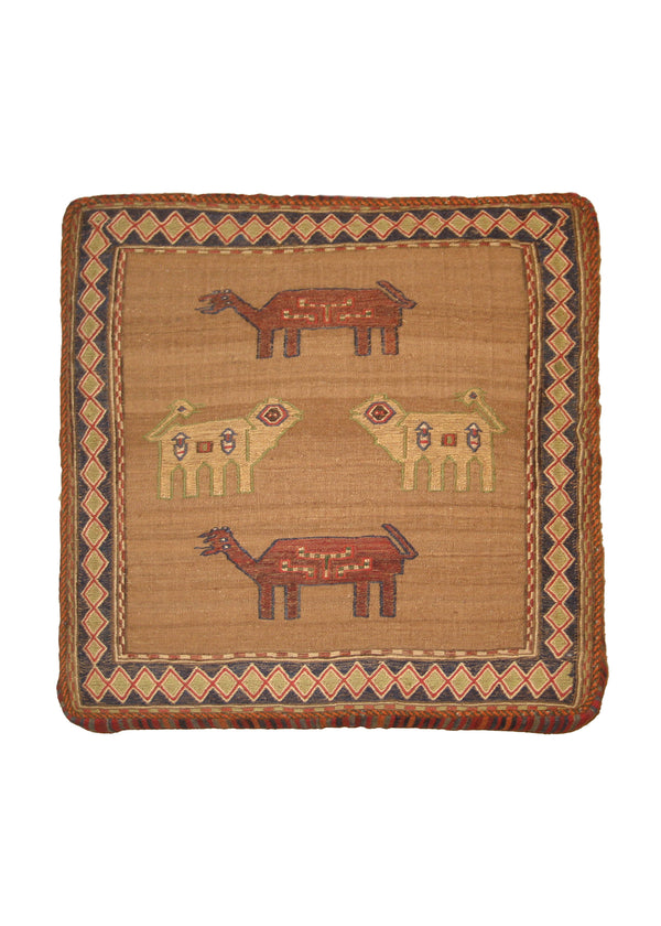 A19207 Persian Rug Shiraz Handmade Pillow Tribal 1'10'' x 1'10'' -2x2- Whites Beige Kilim Cushion Geometric Design