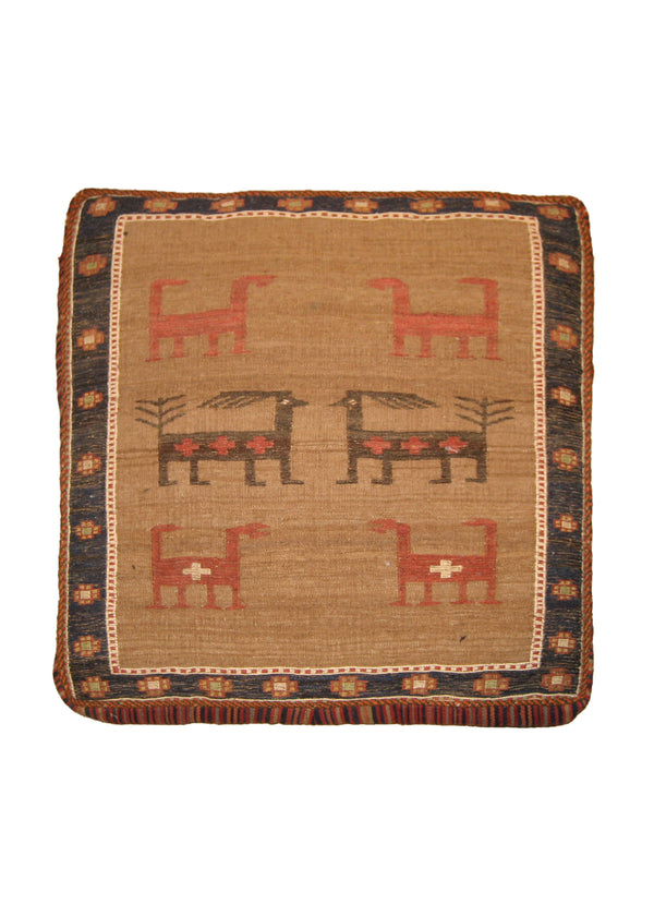 A19208 Persian Rug Shiraz Handmade Pillow Tribal 1'10'' x 1'10'' -2x2- Whites Beige Blue Red Kilim Cushion Geometric Design