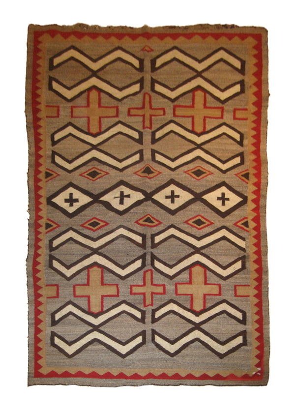 A19465 Native American Rug Navajo Handmade Area Tribal Antique 4'8'' x 7'3'' -5x7- Gray Red Geometric Design