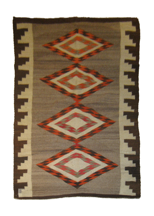 A19472 Native American Rug Navajo Handmade Area Tribal Antique 3'7'' x 5'4'' -4x5- Brown Orange Geometric Design