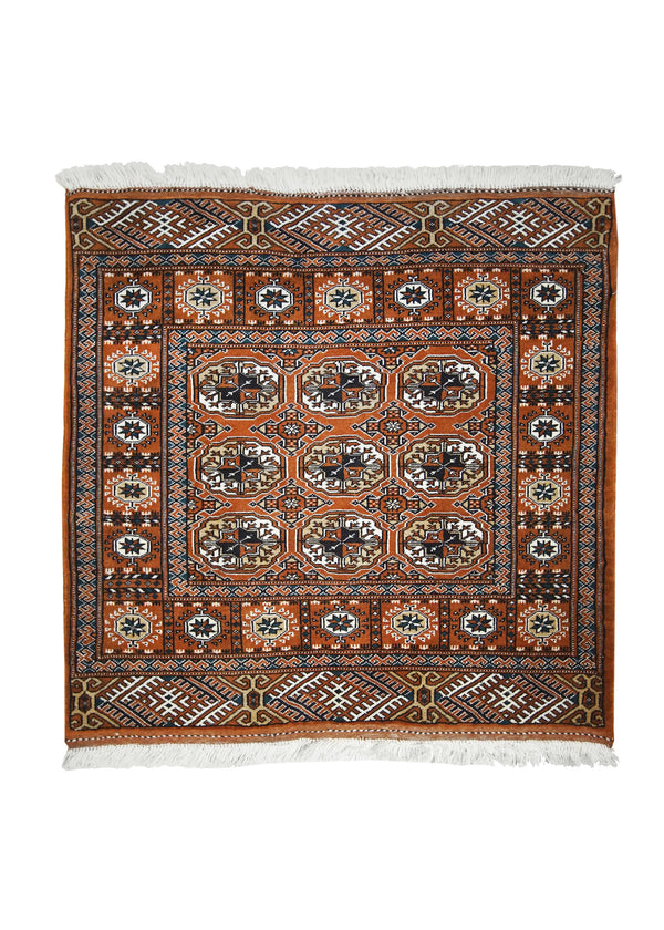 A20790 Persian Rug Turkmen Handmade Square Tribal 3'4'' x 3'5'' -3x3- Orange Elephant Foot Bokhara Design