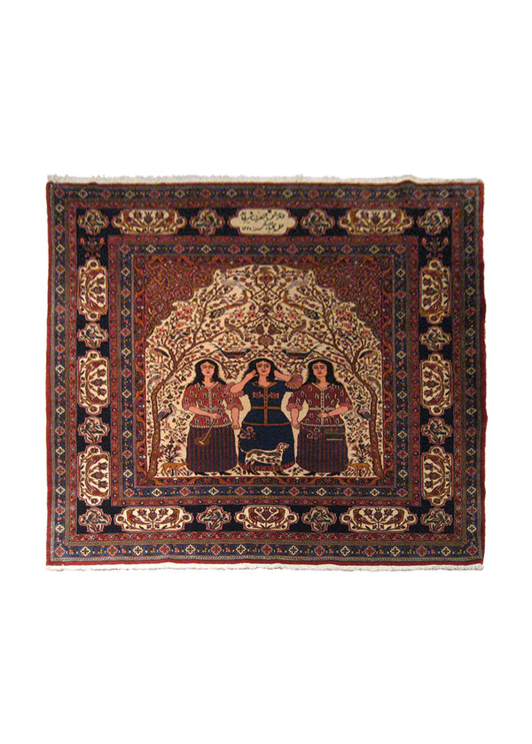 A22210 Persian Rug Bakhtiari Handmade Square Tribal 7'8'' x 8'3'' -8x8- Whites Beige Blue Red Pictorial Design