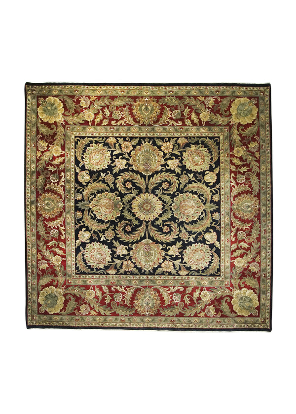 A23939 Oriental Rug Indian Handmade Square Transitional 10'3'' x 10'3'' -10x10- Black Red Tea Washed Floral Design