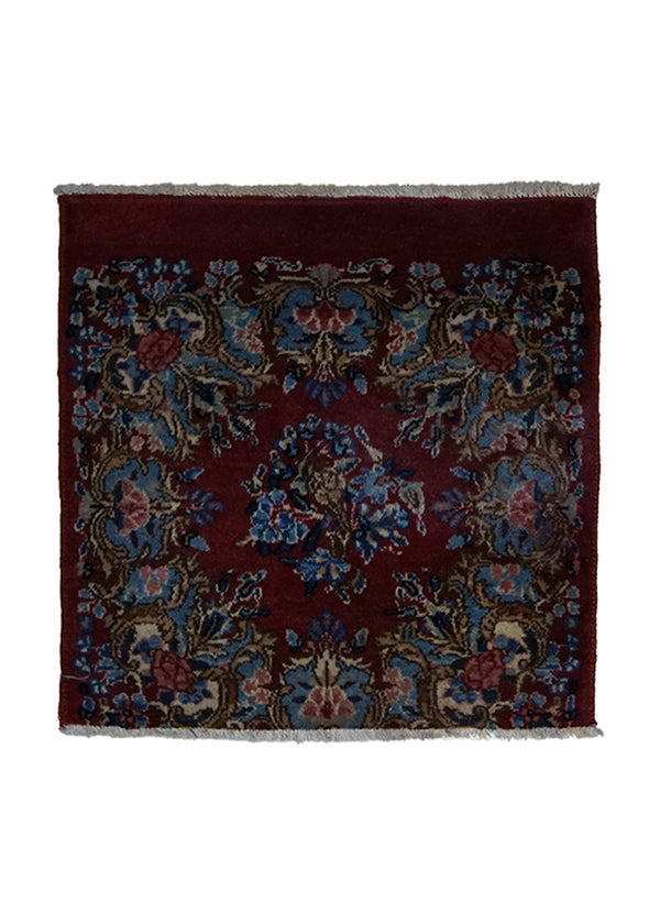 A25291 Persian Rug Lavar Kerman Handmade Square Traditional Antique 1'8'' x 1'8'' -2x2- Red Blue Floral Design