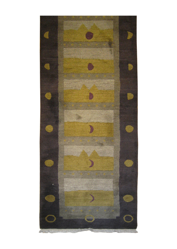 A25426 Oriental Rug Tibetan Handmade Runner Modern 2'6'' x 9'10'' -3x10- Multi-color Gray Yellow Gold Geometric Design