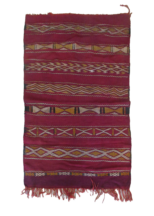 A29035 Oriental Rug Moroccan Handmade Area Tribal 3'2'' x 4'9'' -3x5- Red Whites Beige Stripes Geometric Design