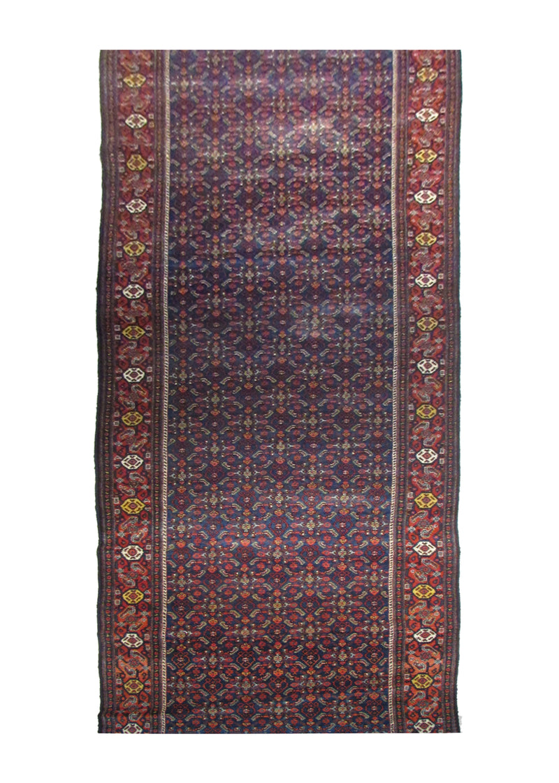 A29360 Persian Rug Sanandaj Handmade Runner Tribal Antique 3'6'' x 21'0'' -4x21- Blue Red Geometric Design