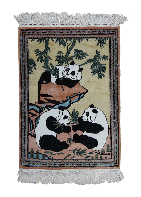 A31102 Oriental Rug Chinese Handmade Area Traditional 1'7'' x 2'1'' -2x2- Whites Beige Green Pictorial Animals Design