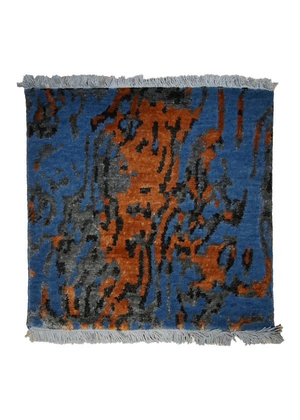 A31653 Oriental Rug Indian Handmade Square Modern 1'6'' x 1'6'' -2x2- Blue Orange Splatter Abstract Design