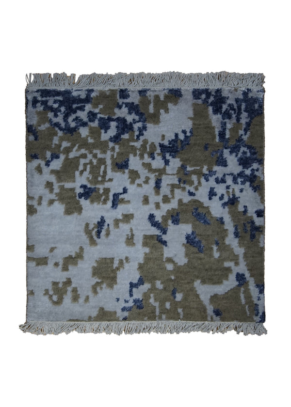 A31655 Oriental Rug Indian Handmade Square Modern 1'6'' x 1'6'' -2x2- Gray Brown Blue Splatter Abstract Design